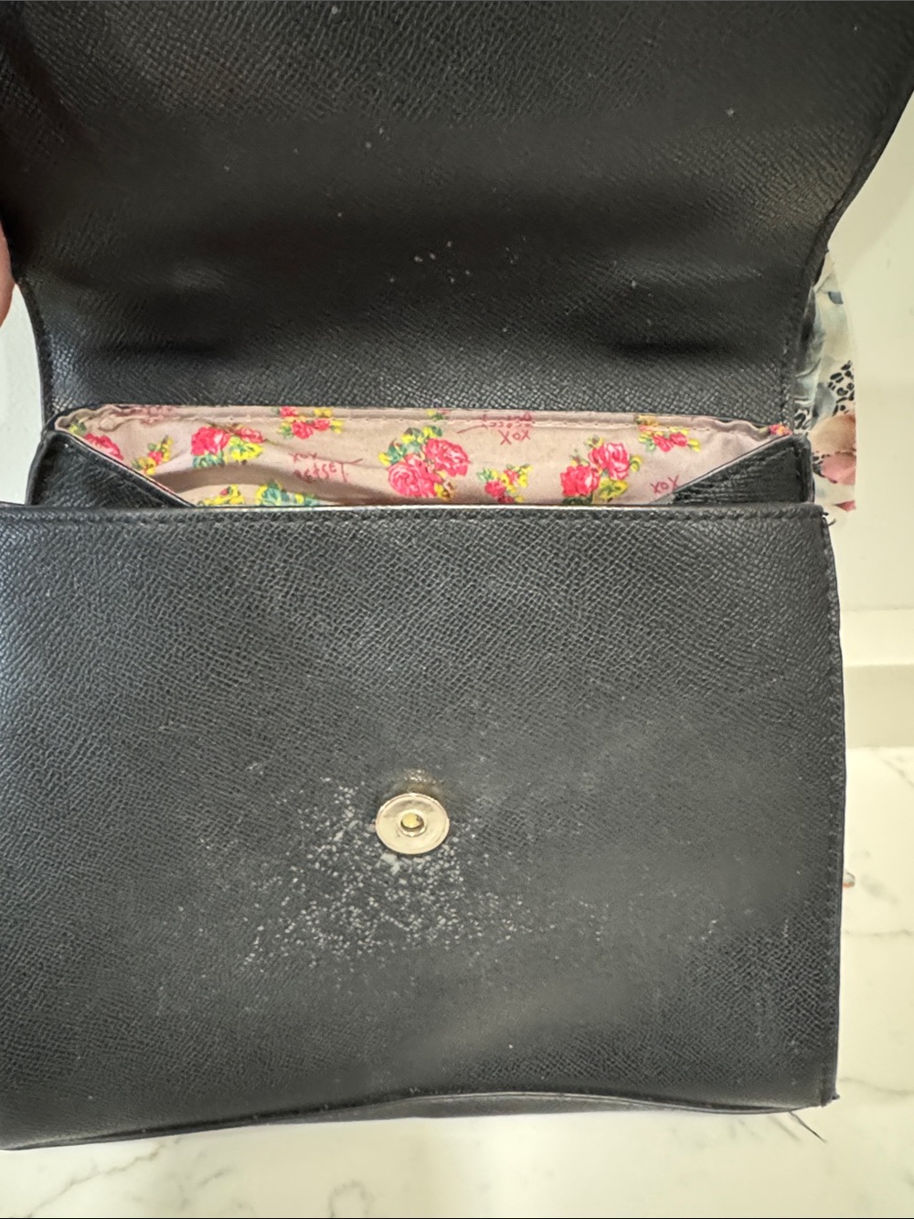 Betsey Johnson Black Satchel with Floral Scarf and Gold Heart Accent - Picture 3 of 5